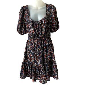 BCBGeneration Puff Sleeve Boho Floral Dress 8 Blue Orange Cottagecore Ruffle Hem